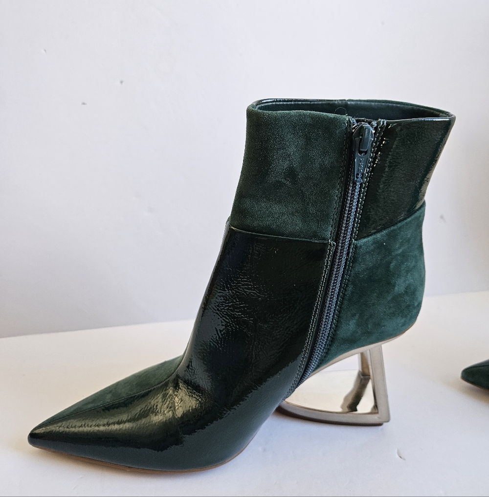 Gianni Bini Green Patent & Suede Mod Ankle Boots, Sculptural Silver Heel Sz 5.5 - Picture 4 of 7